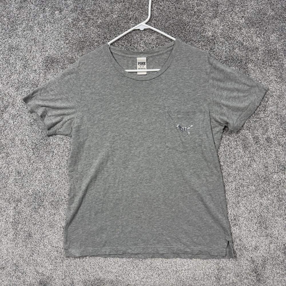 Pink Victoria's Secret Pocket T-Shirt Womens Medium Gray Sequin Dog Graphic Boho